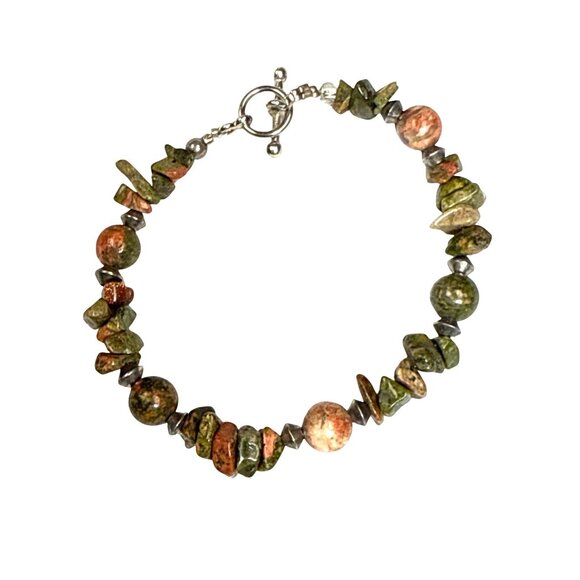 Unakite Gemstone Bracelet Chip & Round Beads w/ Copper Accents 8" Toggle - Picture 6 of 8
